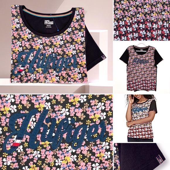 Tommy Hilfiger Denim Embroidered Logo Graphic T-Shirt Ditsy Floral Short Sleeves - Picture 13 of 13